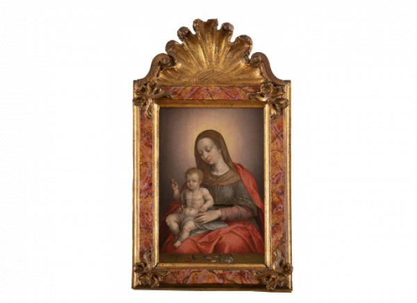 ATRIBUIDO A JACOB DE BACKER (Pintor activo en Amberes, 1571-1585) Virgen con Niño