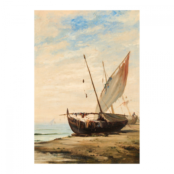 Modest Urgell Inglada (Barcelona, 1839-1919) Barcas en la playa. Óleo sobre tela.  