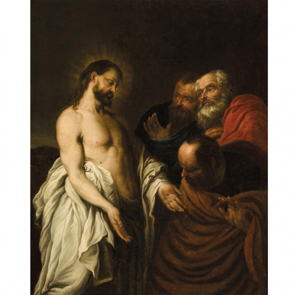 Escuela Flamenca S. XVII. "Duda de Santo Tomás". Óleo sobre lienzo. Esta obra sigue modelos de Pedro Pablo Rubens.