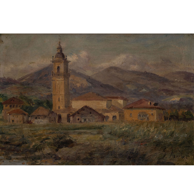 &quot;Paisaje con Igesia&quot;.  INOCENCIO GARCIA ASARTA (Navarra, 1861-Bilbao, 1921) 