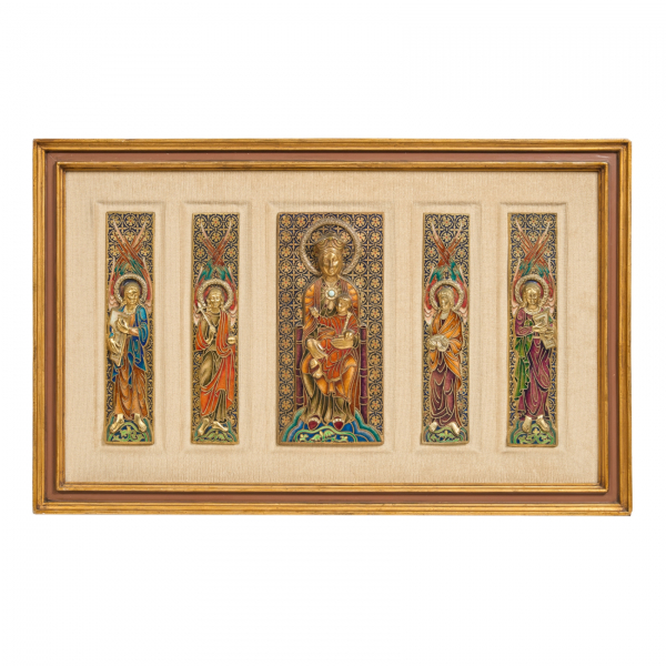 Modest Morató Oger (Barcelona, 1909-1993).  Virgen con el Niño flanqueada por cuatro Arcángeles.  Plafones en bronce esmaltado al fuego.  