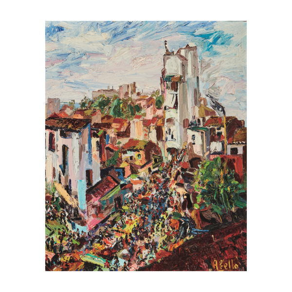 Joan Abelló Prat (Mollet del Vallès, Barcelona, 1922-Barcelona, 2008) El mercat de Mollet des d’un terrat. Óleo sobre tela. Firmado.