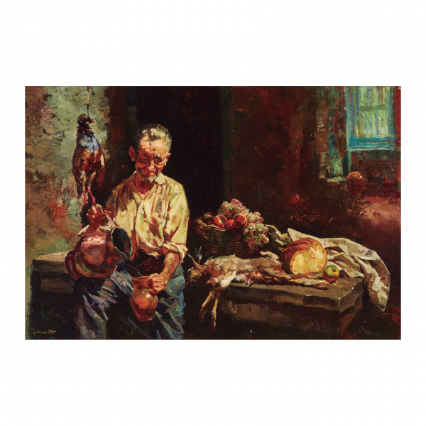 Josep Serrasanta (Buenos Aires, Argentina, 1916-Valldoreix, Barcelona, 1998)  Descanso.  Óleo sobre tela. Firmado.