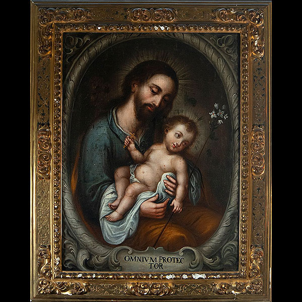 Escuela Española del siglo XVIII - San José con el Niño.   Óleo sobre lienzo.