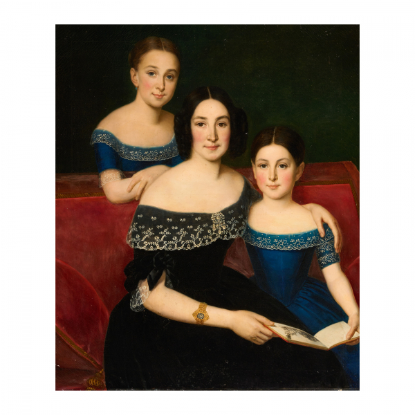 Escuela española, s.XIX.  Retrato familiar.  Óleo sobre tela. 