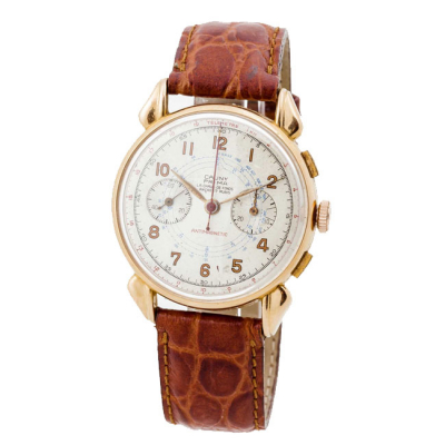 Reloj cronógrafo vintage, cab., suizo CAUNY PRIMA (La Chaux-de-Fonds), en caja original de oro rosa 18 K 