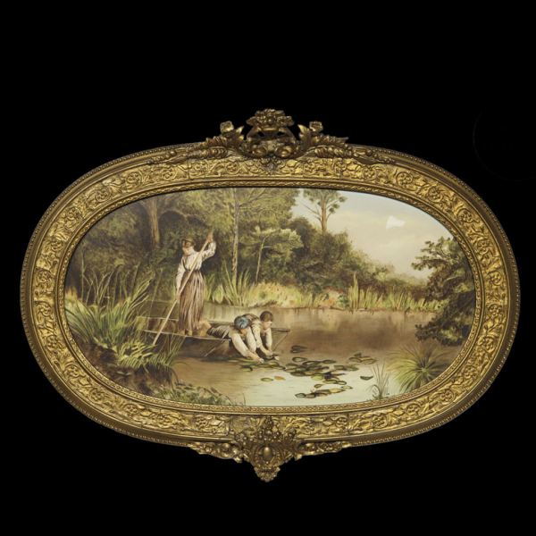 Placa de cerámica "Recolección de lirios", s.XX.  Copia de la obra homónima realizada por Myles Birket Foster (1825-1899). 