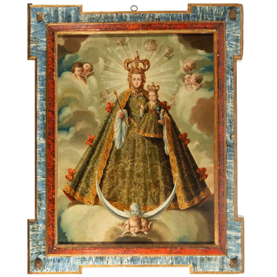 Gran &quot;Virgen María con Niño en Gloria&quot;(posiblemente la Virgen de Covadonga) Escuela colonial Novohispana del último cuarto del siglo XVIII, con importante marco época. 