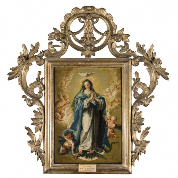 Vicente López Portaña.   "Virgen Inmaculada (c.1814)". Óleo sobre lienzo. Con bello marco cornucopia de madera tallada y dorada.