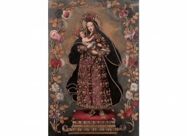 ESCUELA NOVOHISPANA, H. 1700  Virgen con niño   Óleo sobre tabla con incrustaciones de piedras simulando rubies, esmeraldas, zafiros, y brillantes. 74 x 49 cm. 