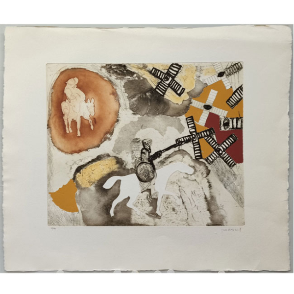 Josep Guinovart: "Quijote". Grabado al carborundum iluminado a mano y firmado a lápiz por el artista. Ejemplar 73/99.
