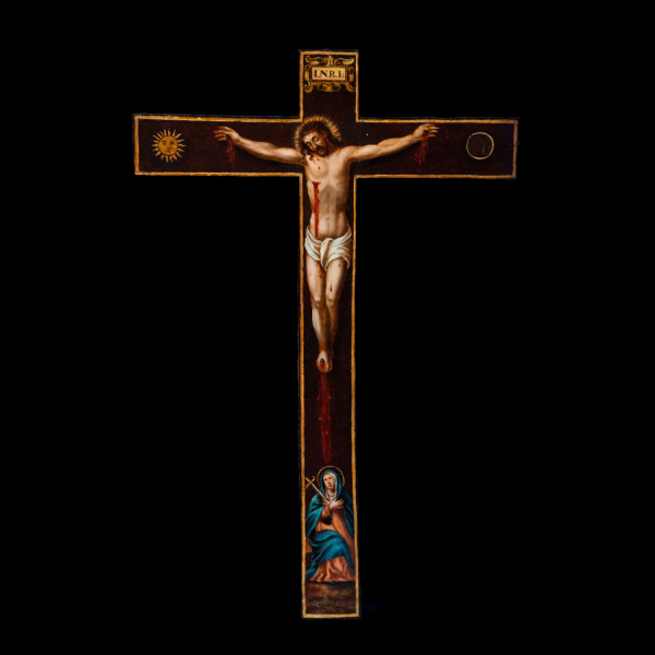 Excepcional Cruz de Celda Colonial Mexicana en madera de cedro pintada al óleo, Nueva España siglo XVII.
