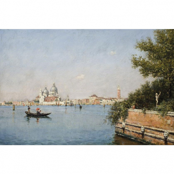 Martín Rico Ortega.   &quot;La Laguna y el Jiardinetto (c. 1896)&quot;. Óleo sobre tabla. Firmado en el ángulo inferior derecho.