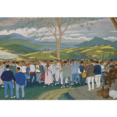 José Arrúe. &quot;Romería en pueblo vasco&quot;. Gouache sobre papel. Firmado en el ángulo inferior izquierdo.