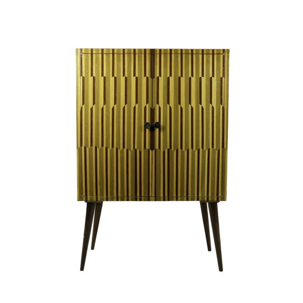 Mueble bar estilo Mid Century en maderas chapadas de varias tonalidades formando patrón geométrico, s.XX. 