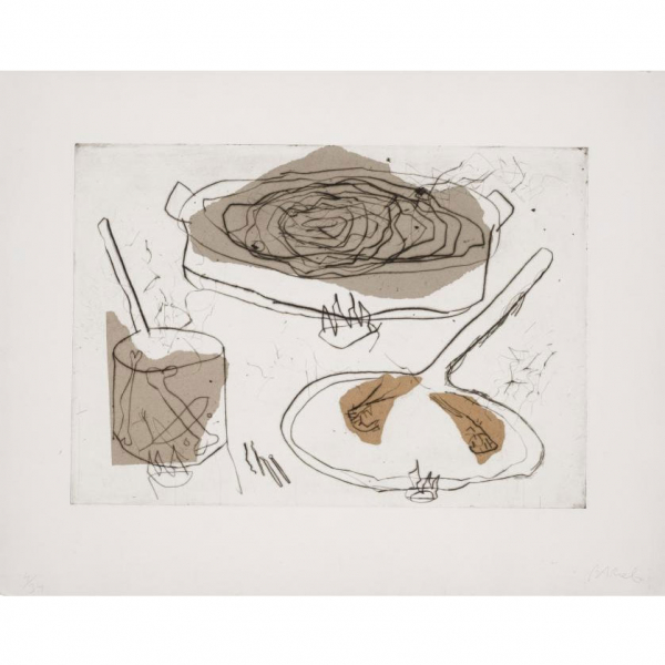 Miquel Barcel&oacute;. "Bodeg&oacute;n (1984)". Aguafuerte y collage sobre papel sobre papel artesanal Acuari. Firmado 