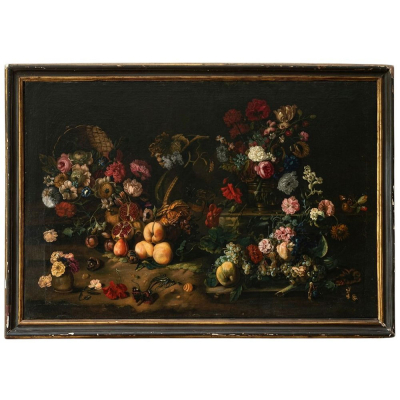 ANIELLO ASCIONE (N&aacute;poles, 1600 &ndash; N&aacute;poles, 1656)  "Naturaleza muerta con flores y frutas".   &Oacute;leo sobre lienzo