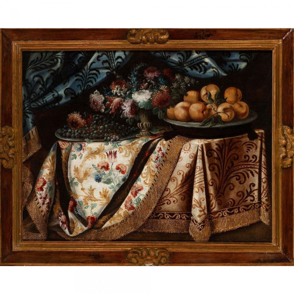 "Bodegón con flores" Manera de Antonio Tibaldi. Siglo XVIII.  Óleo sobre lienzo reentelado.