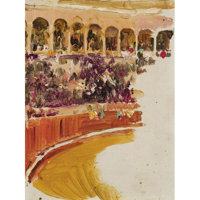 JOAQUÍN SOROLLA Y BASTIDA (1863 - 1923) &quot;Plaza de toros de la Maestranza en Sevilla&quot;. Óleo sobre cartón Lefranc. Sin firma.