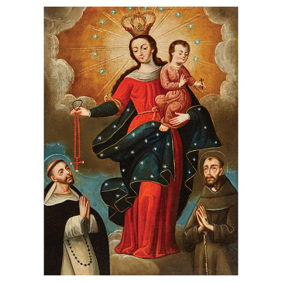 Escuela colonial, s.XVIII. Virgen del Rosario con Niño, San Francisco y Santo Domingo. Óleo sobre tela.