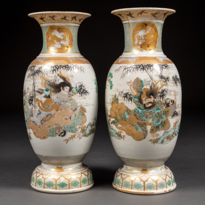 Pareja de jarrones en porcelana japonesa Satsuma del siglo XIX