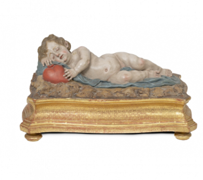 Atribuido a Nicolás Salzillo (1672-1727). &quot;Alma dormida&quot;. Niño Jesús en madera tallada, policromada y dorada. España, h. 1727.   