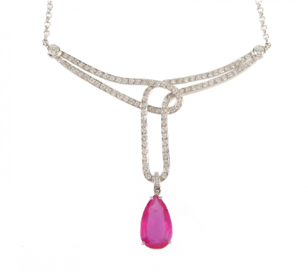 Pendentif con centro de perilla de rubí, colgante de lazada de brillantes que se une a la cadena con dos brillantes en chatón. 