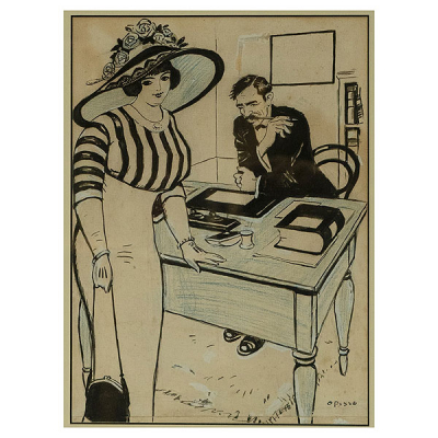 Ricard Opisso Sala (Tarragona, 1880-Barcelona, 1966) Dama y funcionario en la oficina recaudatoria. Dibujo.