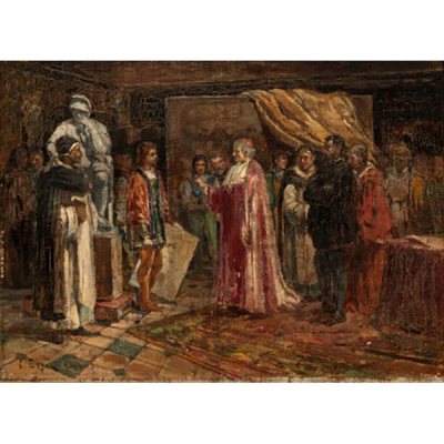 C.  ESPIN   (S. XIX)  &quot;Audiencia en la corte&quot;  Firmado: C. Espin  Óleo / Tabla 