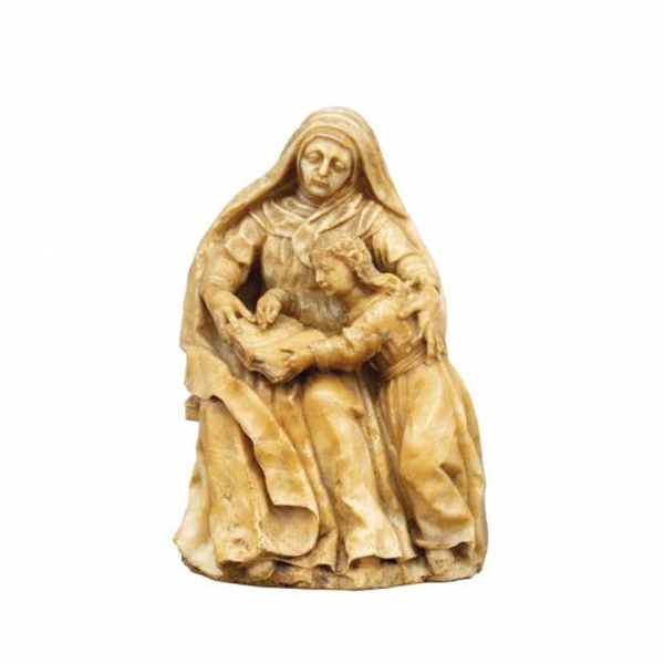 Escuela Española S. XV-XVI.   "Santa Ana enseñando a leer a la Virgen". Escultura en alabastro tallado y pulido.