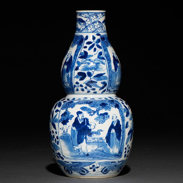 Jarrón en forma de calabaza en porcelana china azul y blanca