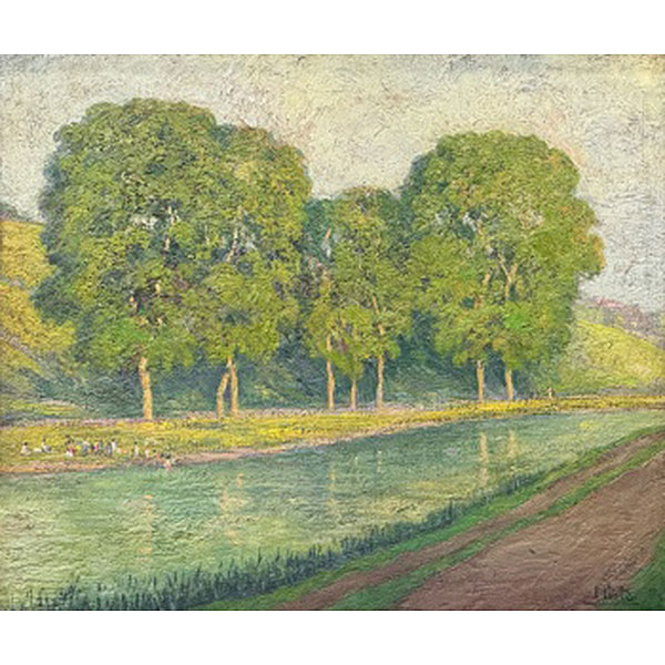 ENRIQUE NIETO ULIBARRI   (San Salvador del Valle 1890 - Bilbao 1963)  &quot;Paisaje con lavanderas en el río &quot;  