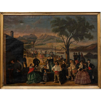 ESCUELA ANDALUZA  (S. XIX) &quot;Día de feria a la orilla del río con ciudad al fondo&quot;