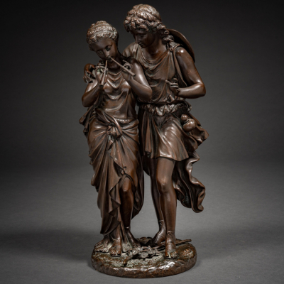 &quot;Mujer tocando el aulós junto con pastor&quot; Escultura en bronce con patina marrón del siglo XIX.  AUGUSTE JOSEPH PEIFFER (Francia, 1832-1886)