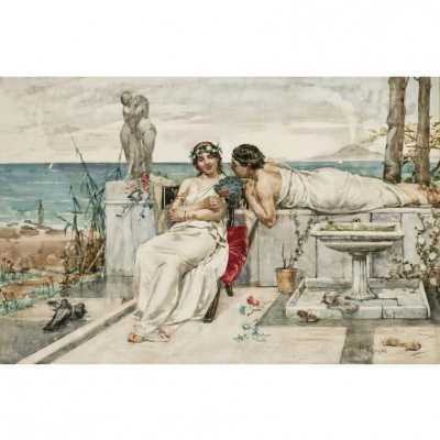 Juan Luna y Novicio. "Galanteo napolitano (1882)". Acuarela sobre papel, firmada, fechada, obra in&eacute;dita en el mercado