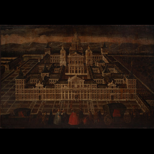 &quot;Vista del Monasterio del Escorial con personajes de la corte&quot;.   ESCUELA ESPAÑOLA DEL SIGLO XVII. Óleo/Lienzo. 