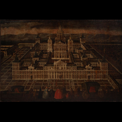 &quot;Vista del Monasterio del Escorial con personajes de la corte&quot;.   ESCUELA ESPAÑOLA DEL SIGLO XVII. Óleo/Lienzo. 