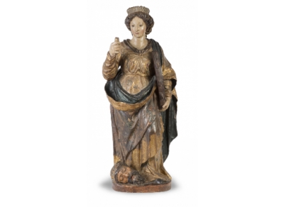 Santa Catalina. Escultura en madera tallada, policromada y dorada. Trabajo español, pp. del S. XVII.