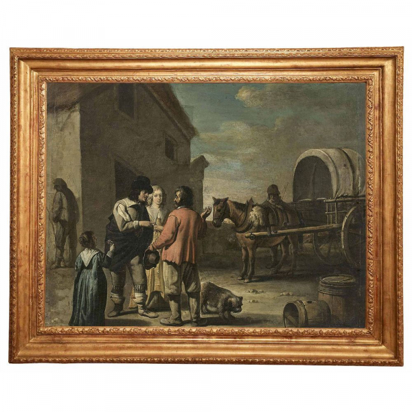 ANTOINE, LOUIS Y MATHIEU LE NAIN (Laon – París, siglo XVII) "Carreta y figuras a la entrada de un pueblo" hacia 1640–1660.   Óleo sobre lienzo