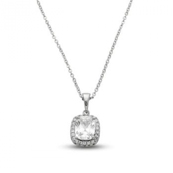 Cadena y colgante en plata con zafiro blanco central y orla de zafiros blancos.