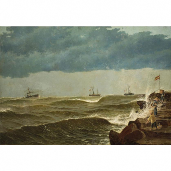 Jose María Asunción (1869 - 1925) "Pescadores filipinos mirando la tempestad". Óleo sobre lienzo.  