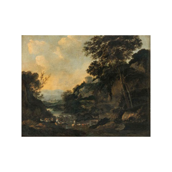CIRCULO DE  SALVATORE ROSA   (Escuela Napolitana S. XVII)  "Paisaje con pastores en el río "  Óleo / Lienzo 