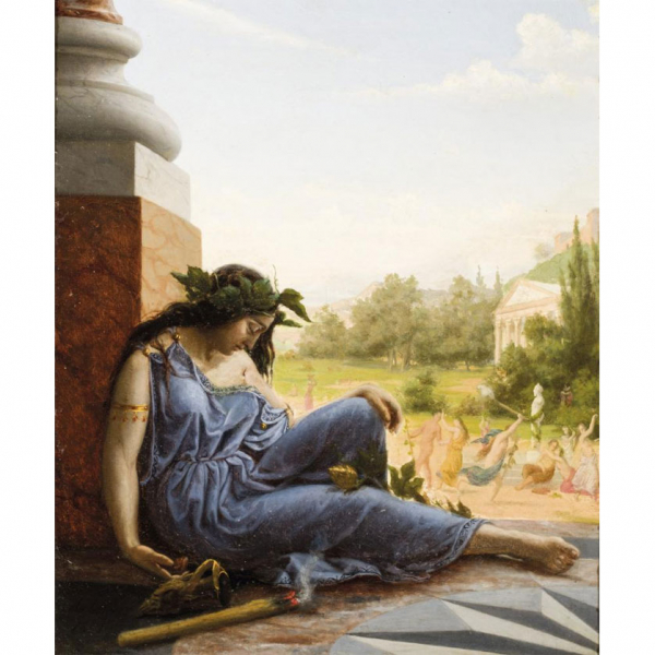 Escuela Europea S. XIX. "Sacerdotisa de Baco (1861)". &Oacute;leo sobre lienzo. Firmado y fechado (1861)  