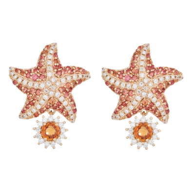 Pendientes diseño estrella de mar en oro rosa con diamantes talla brillante y zafiros orange.