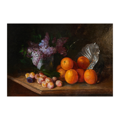 José María Murillo Bracho (Sevilla, 1827-Málaga, 1882)  Bodegón con naranjas.  Óleo sobre tabla. Firmado. 