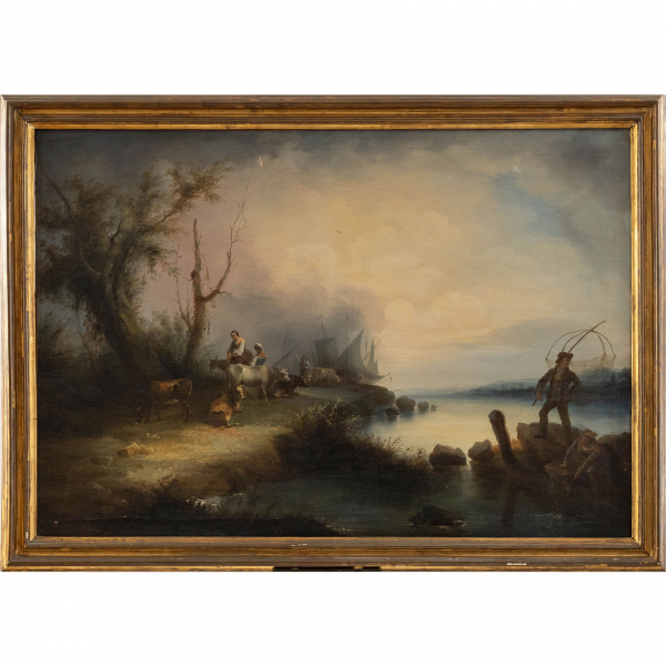&quot;Paisaje fluvial con pescadores&quot;  ESCUELA ANDALUZA DEL SIGLO XIX 
