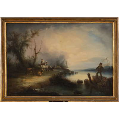 &quot;Paisaje fluvial con pescadores&quot;  ESCUELA ANDALUZA DEL SIGLO XIX 