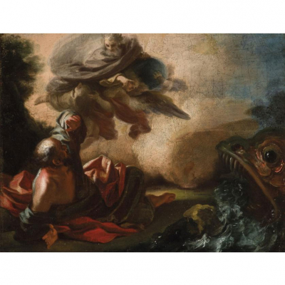 Escuela Italiana S. XVII. &quot;Jonás y la ballena&quot;. Óleo sobre lienzo. Al dorso titulado (Giona) y texto escrito que atribuye la obra a Salvatore Rosa. Obra en el círculo de Luca Giordano o Corrado Giaquinto.