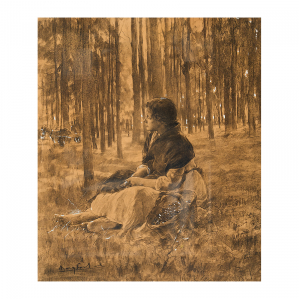 Arcadi Mas i Fondevila (Barcelona, 1852-Sitges, Barcelona, 1934).  Joven con cesta en el bosque.  Dibujo a carboncillo sobre papel. Firmado.