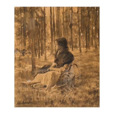 Arcadi Mas i Fondevila (Barcelona, 1852-Sitges, Barcelona, 1934).  Joven con cesta en el bosque.  Dibujo a carboncillo sobre papel. Firmado.